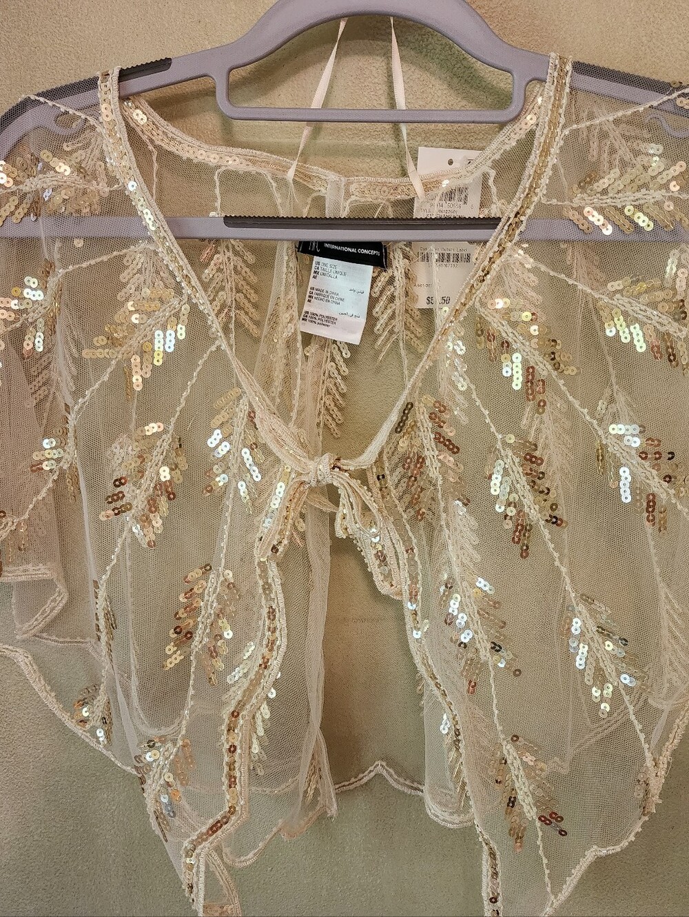 INC International Concepts Sequin Sheer Tie-Front Capelet in Blush Gold
